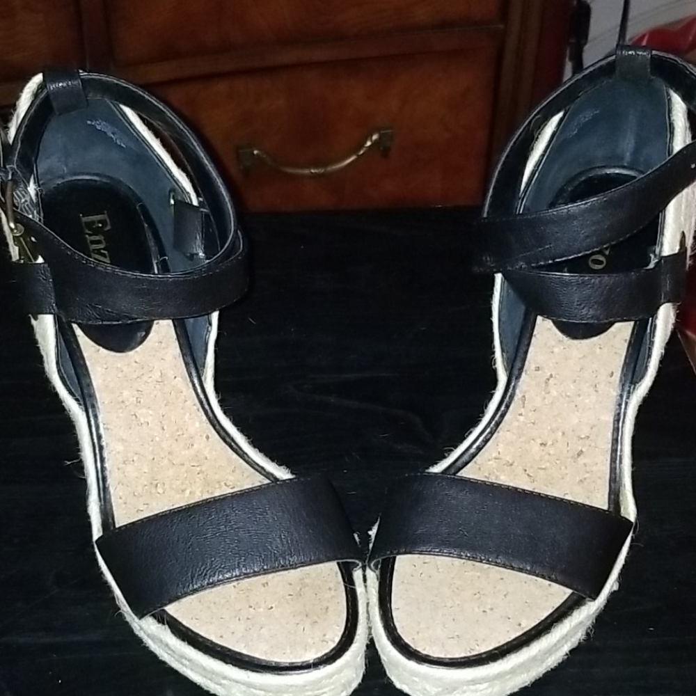 Enzo black leather strap wedges